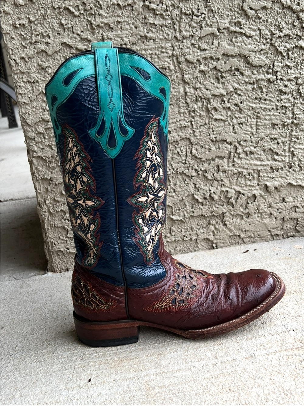 Lucchese Teal, Navy and Brown Embroidered Leather Western Heeled Boot